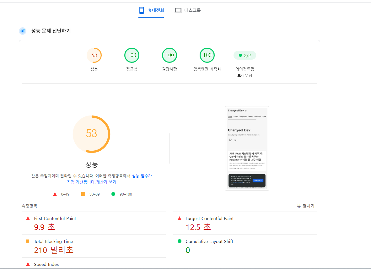 PageSpeed Insights 모바일 최적화 전 성능 진단 (53점)