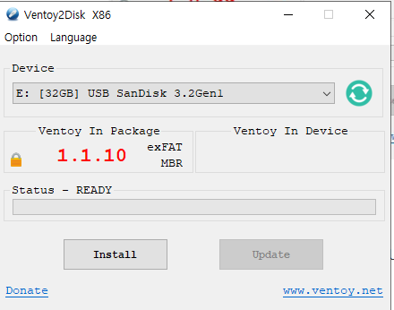 Ventoy2Disk 실행 화면