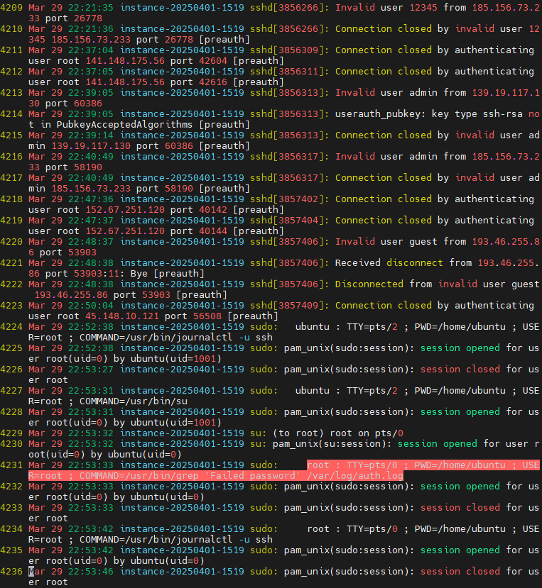 auth.log에 Invalid user 로그가 수천 줄 쌓인 화면