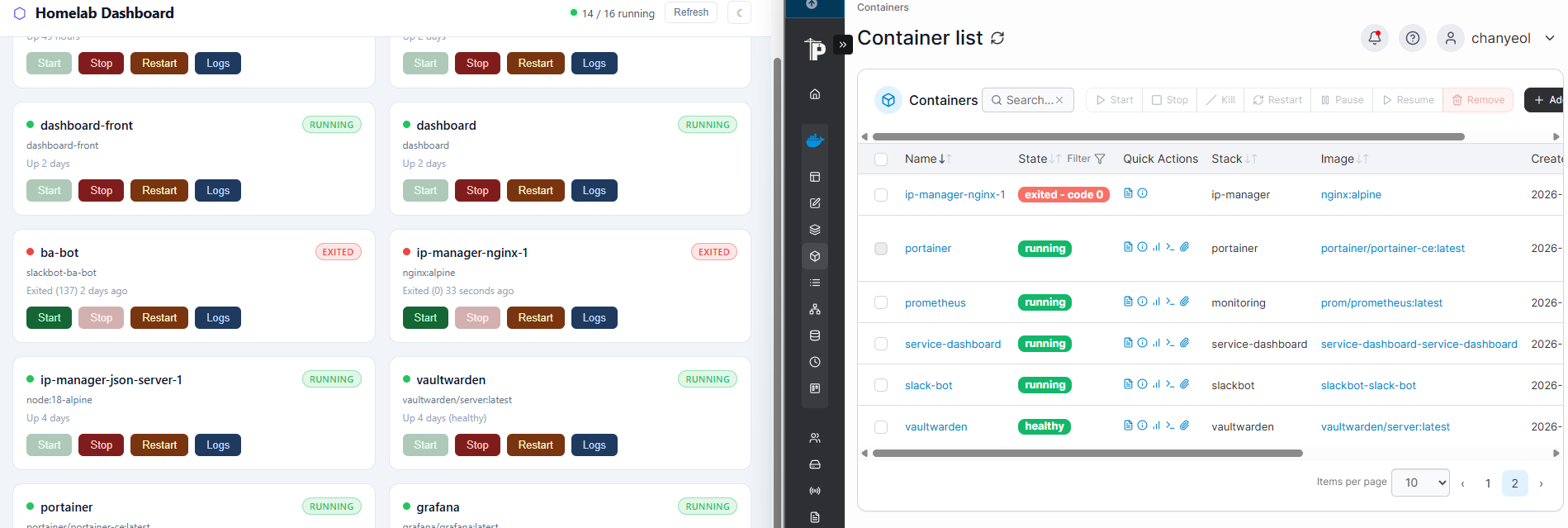 Portainer에서 Stop 확인 - 컨테이너 정지 상태